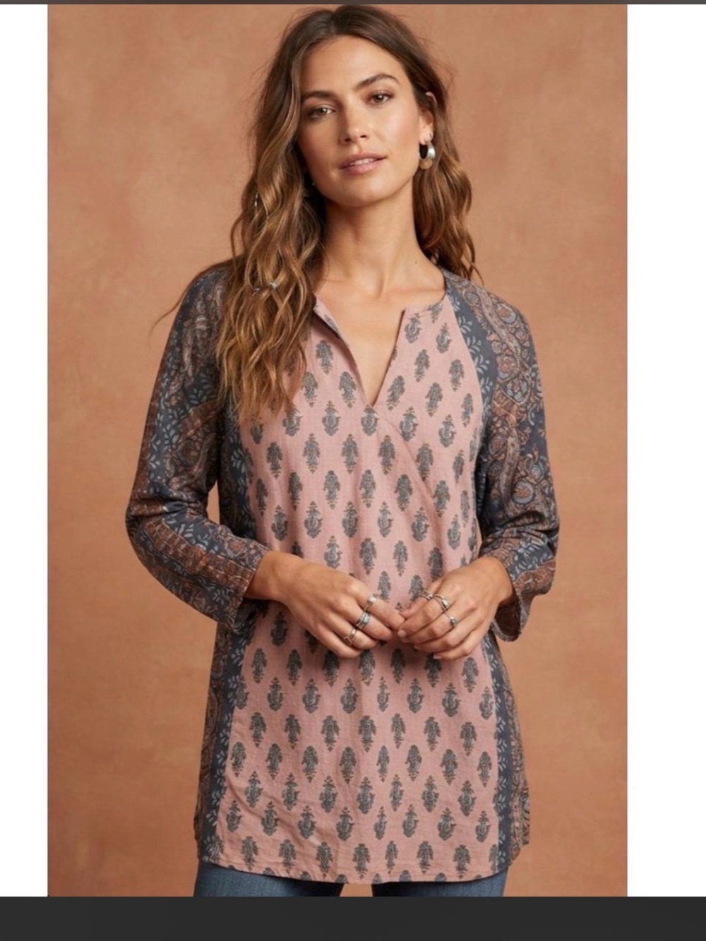 J. Jill Pure Jill Folkloric Stamped Tunic Top Pink Paisley Linen Cotton Blend XL